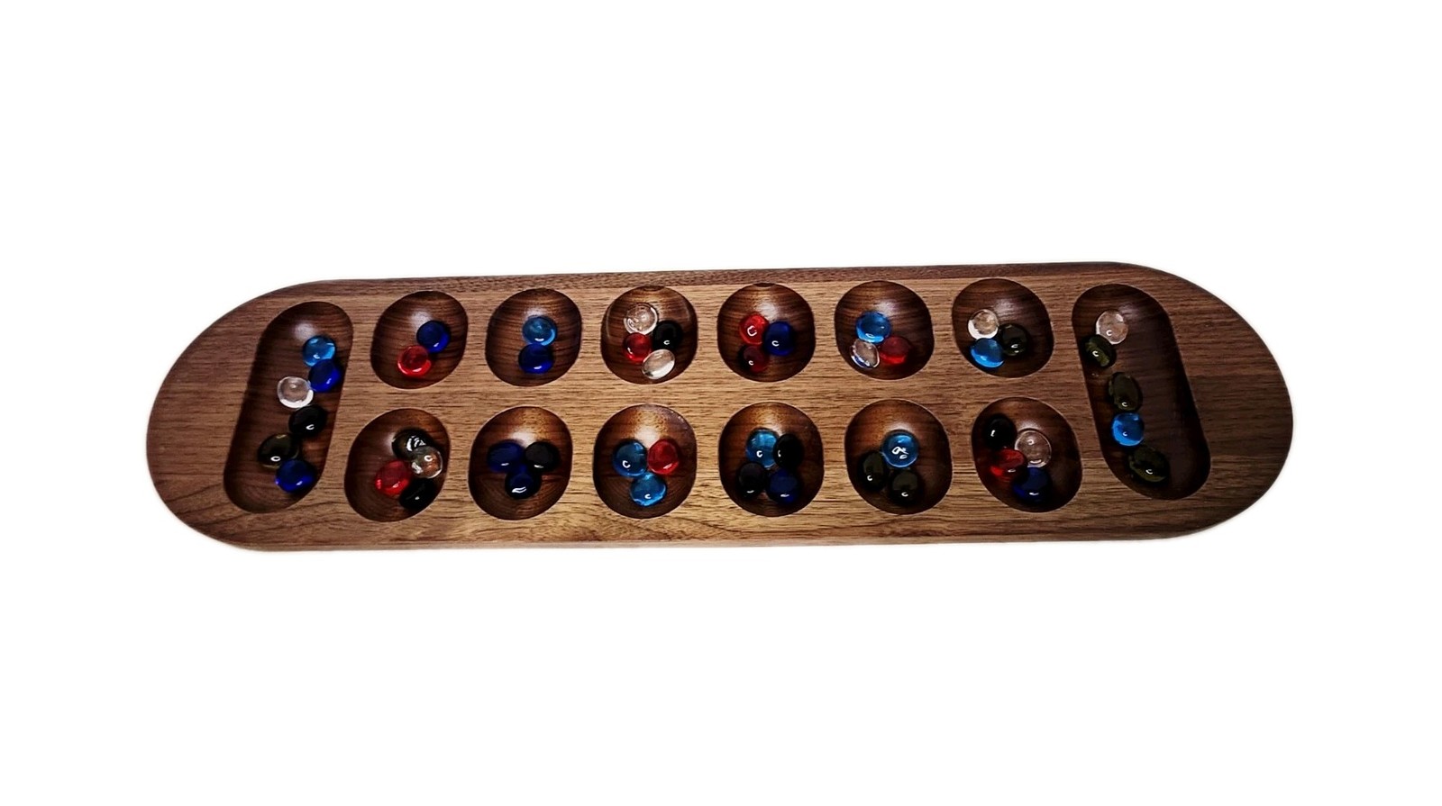 Vtg FAO Schwarz Cardinal MANCALA Premiere Edition Solid Walnut Wood & Gemstones