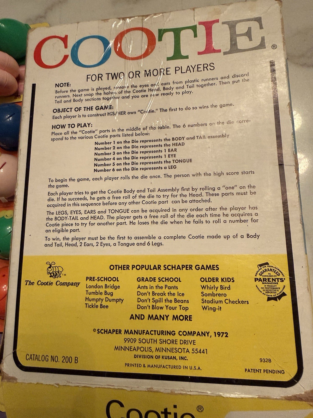 Vintage Schaper 1972 Cootie Game Original With Box Incomplete