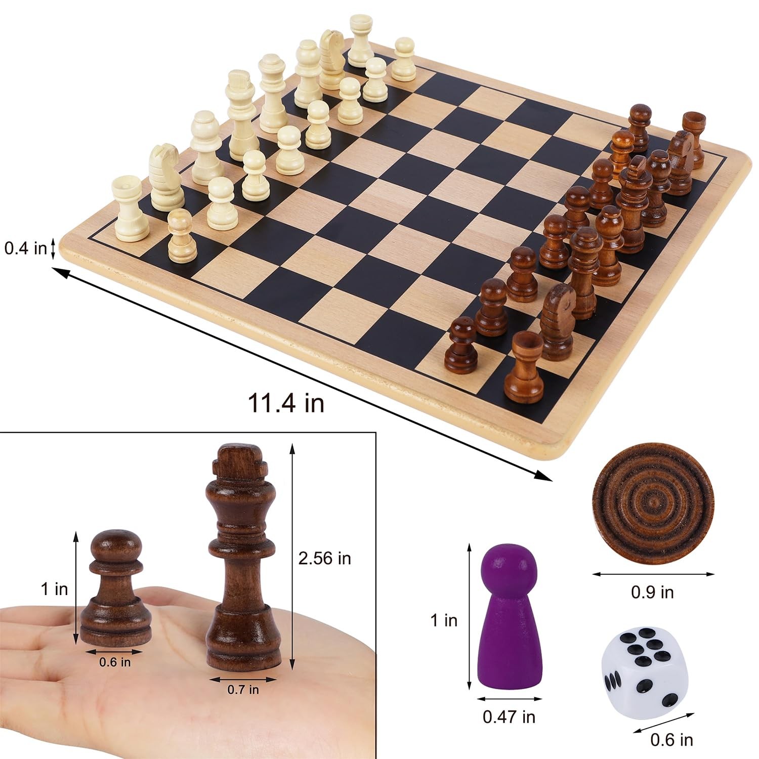 5-in-1 Wooden Board Game with 2 Reversible Boards for Chess, Checkers, Chines…