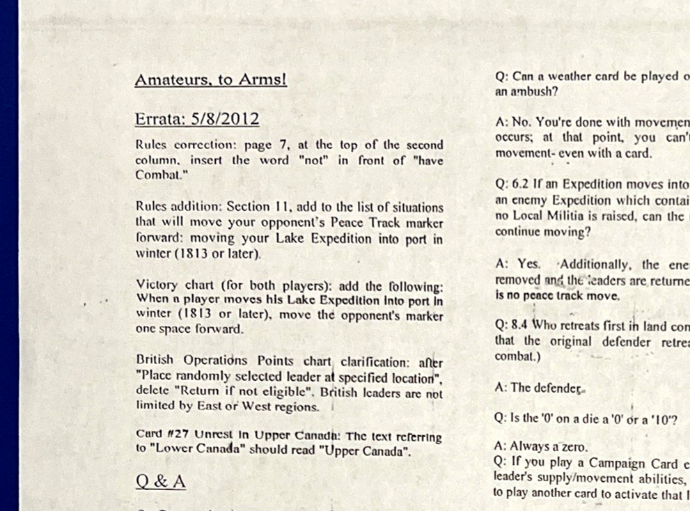 Amateurs To Arms: War Of 1812. 200th Anniversary Ed. Clash Of Arms. Punched