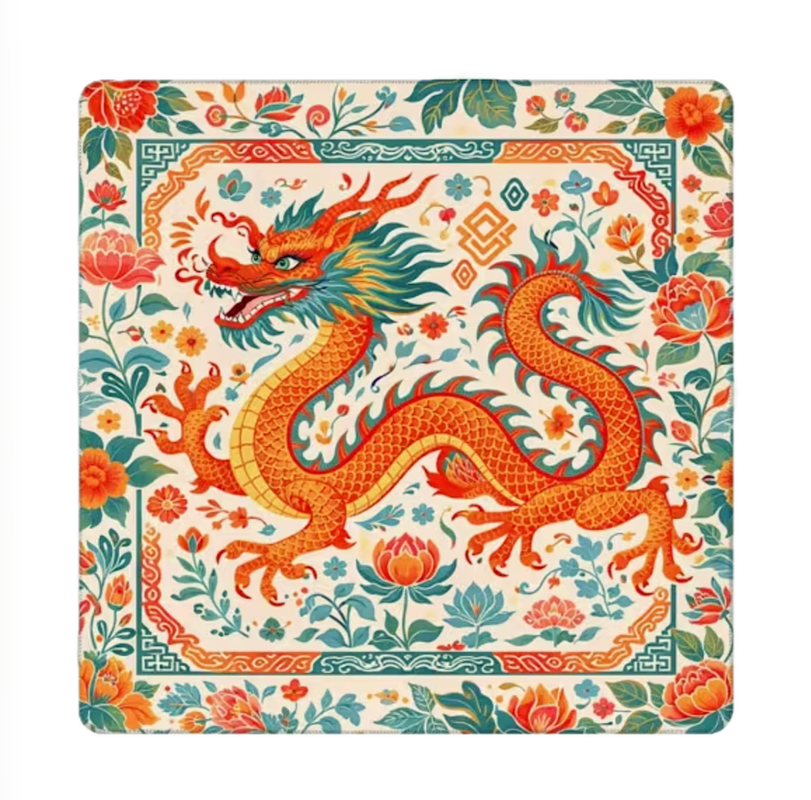 Mahjong Mat Fire Flower Dragon, pearl dice, 31.5″, neoprene back