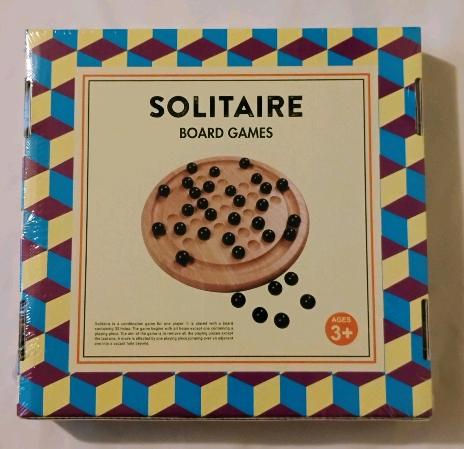 Wooden Solitaire Board Game 33 Black Glass Marbles Memory Game New