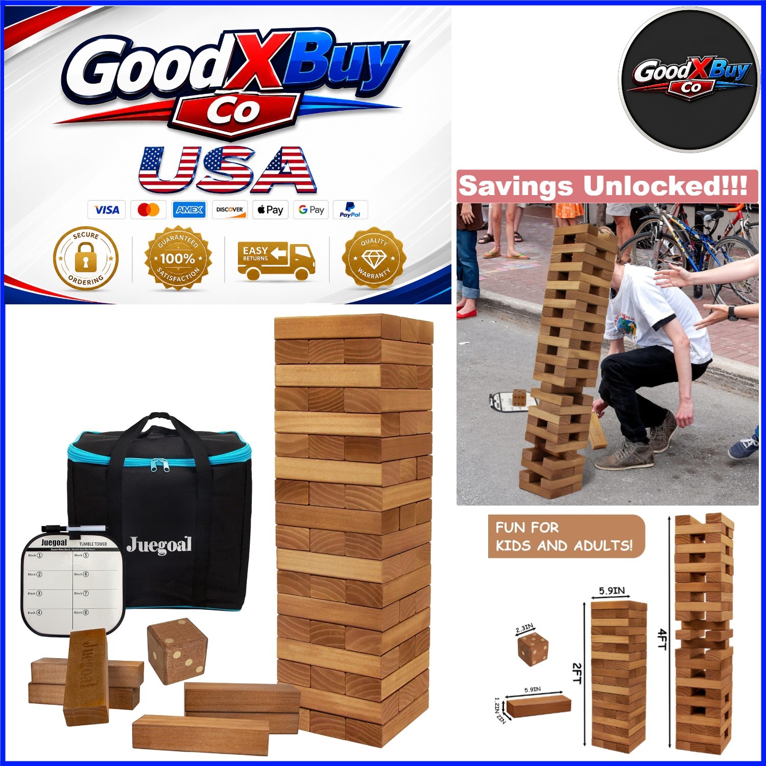 Giant Wooden Tumble Tower Game Set 54 Pieces with Dice & Bag for All Ages