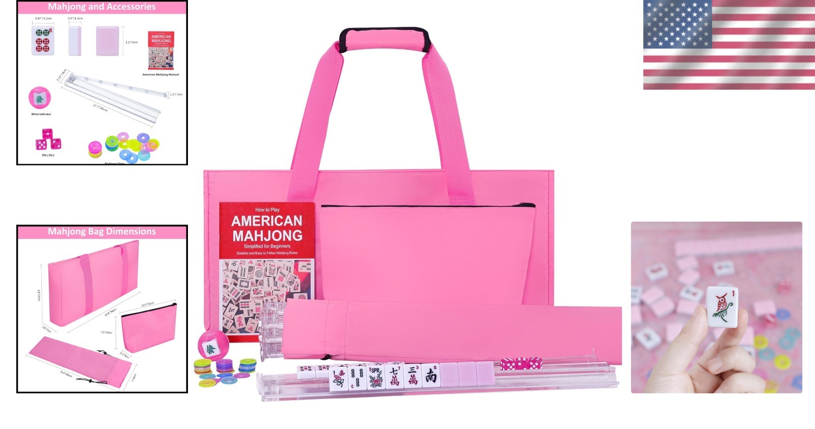 Complete American Mahjong Set with 166 Pink Tiles and Stylish Carrying Bag