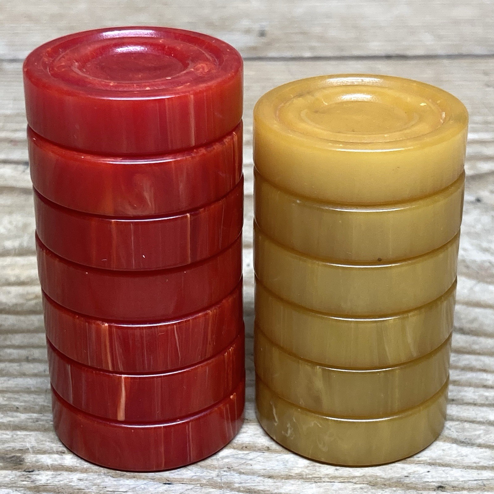 Vintage Bakelite Backgammon Checkers Set with 13 Pieces Red Yellow Butterscotch