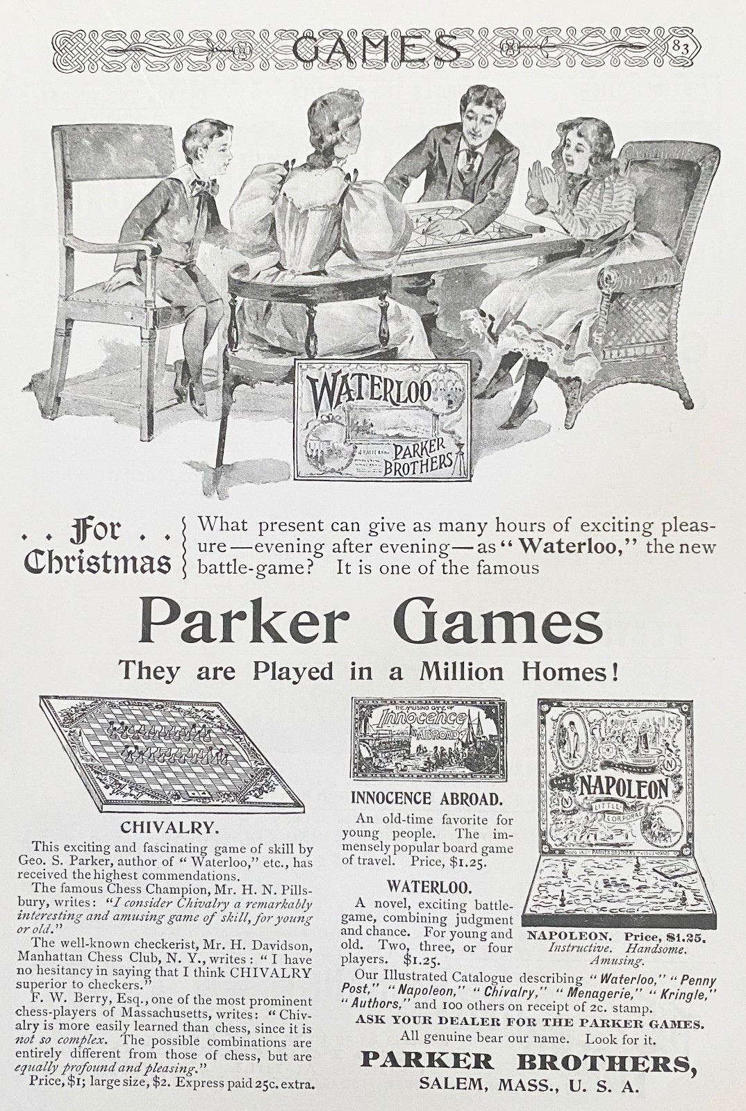 Family Playing Waterloo PARKER BROTHERS GAMES Vtg Victorian Xmas 1895 Print Ad!