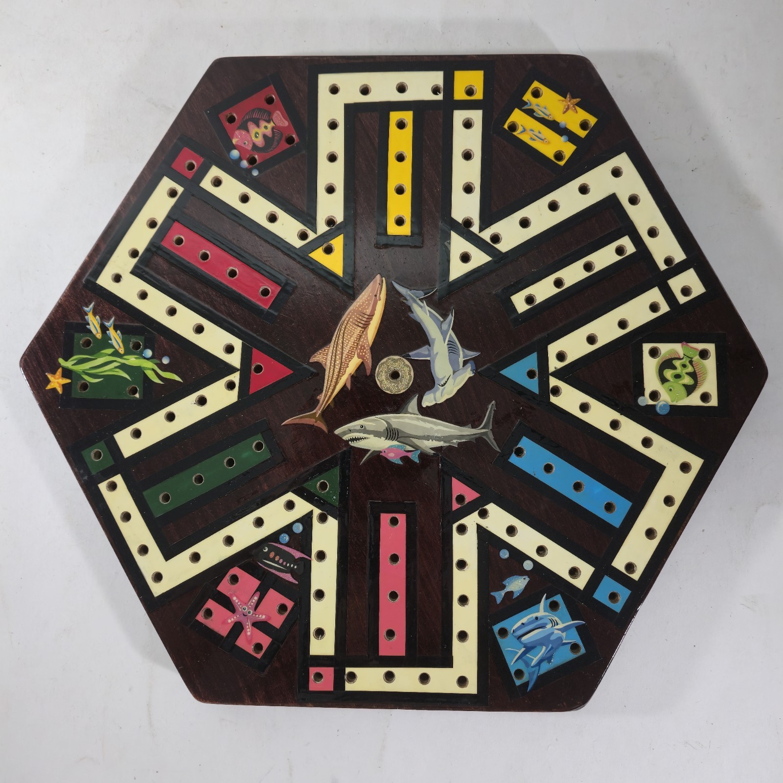 Hand Crafted 14″ Wooden Shark & Fish Aquatic Aggravation Tee Peg Game Board