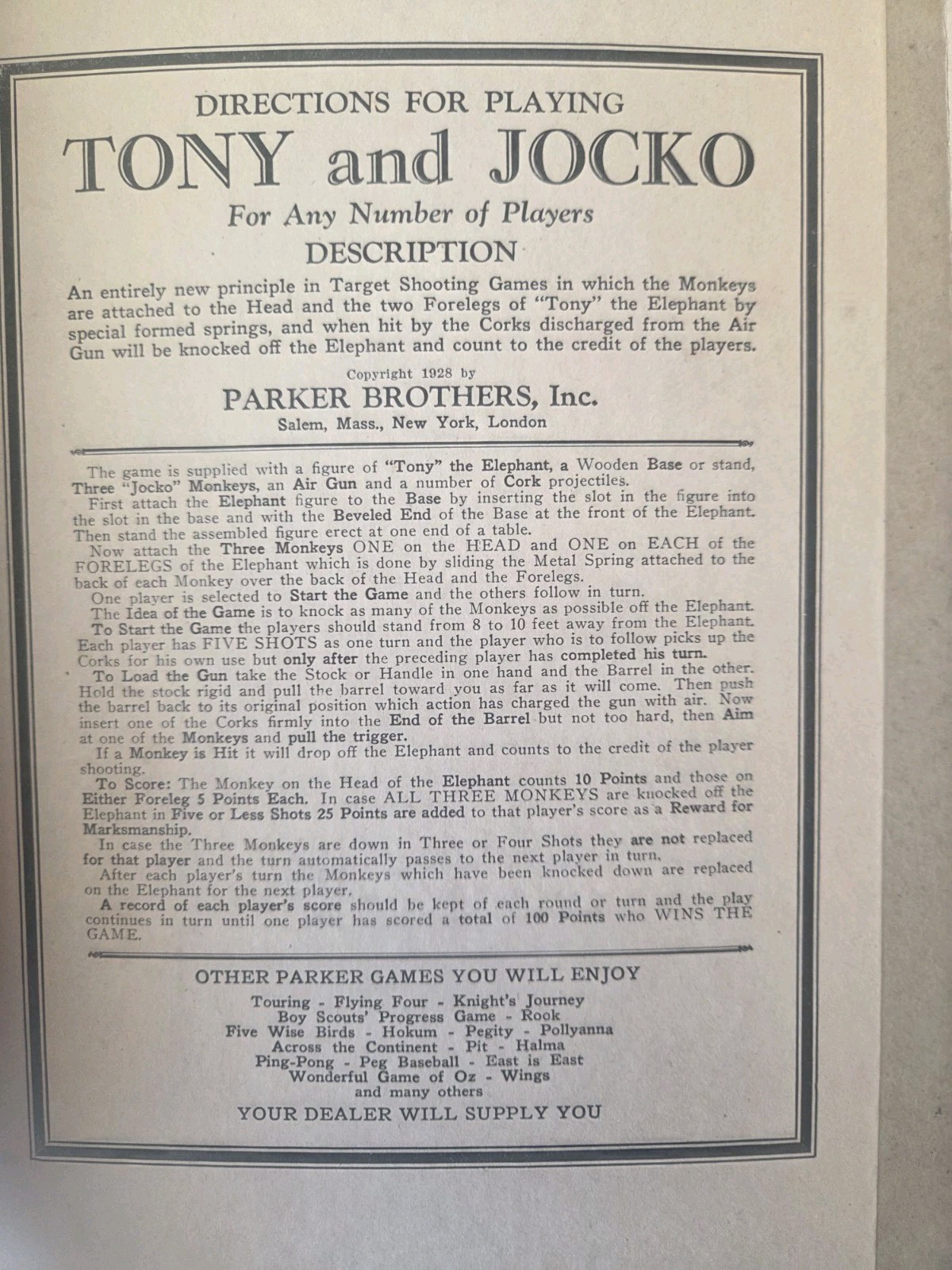 RARE 1928 PARKER BROS TONY & JOCKO A FUNNY ANIMAL SHOOTING GAME
