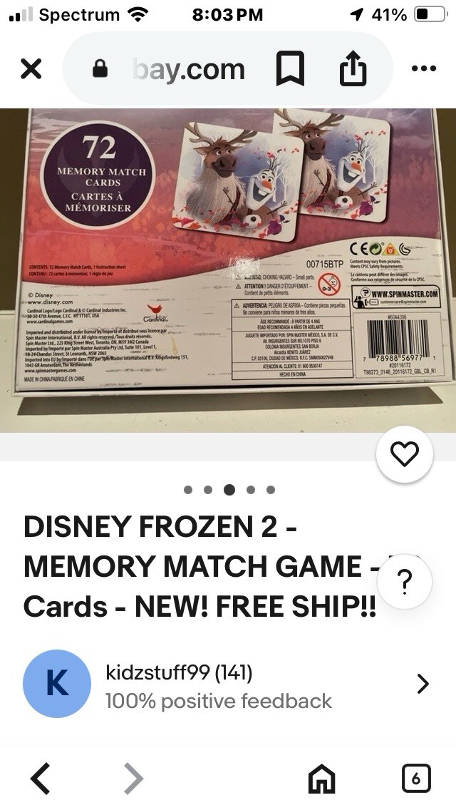 NEW! Disney Frozen 2 Memory Match Game 72 Cards Elsa Anna Olaf & MORE