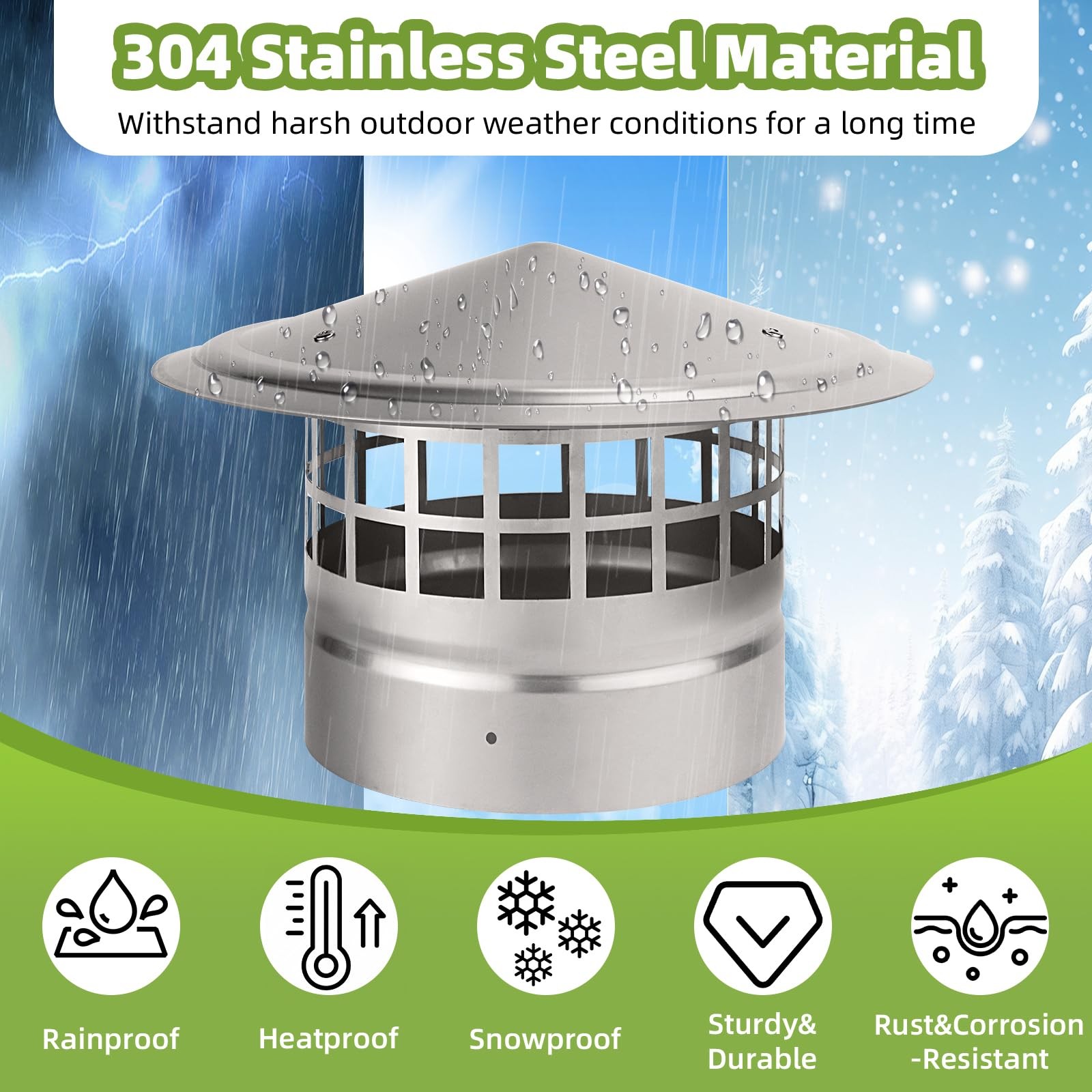 6 Inch Round Chimney Cap,Cone 6 inch Cap-Square Screen, Silver/Black