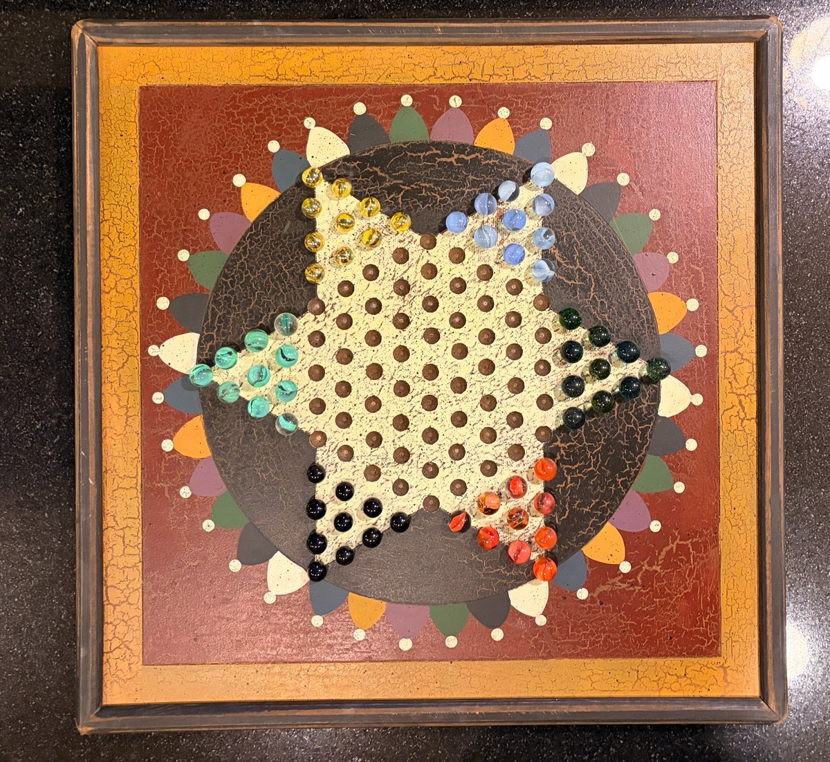 Chinese Checkers Board Game. Heavy Wood Construction Wall Hanging Has 60 Marbles