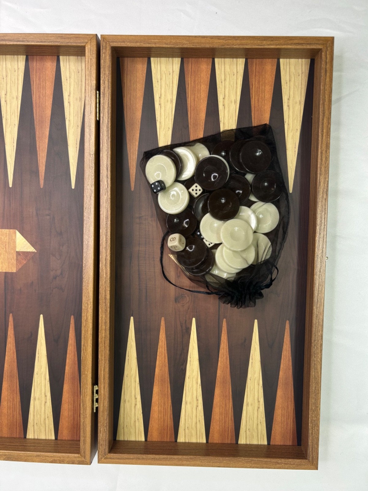 Monopoulos Wooden Backgammon Board Folding Case w/ Clasp & Game Pieces