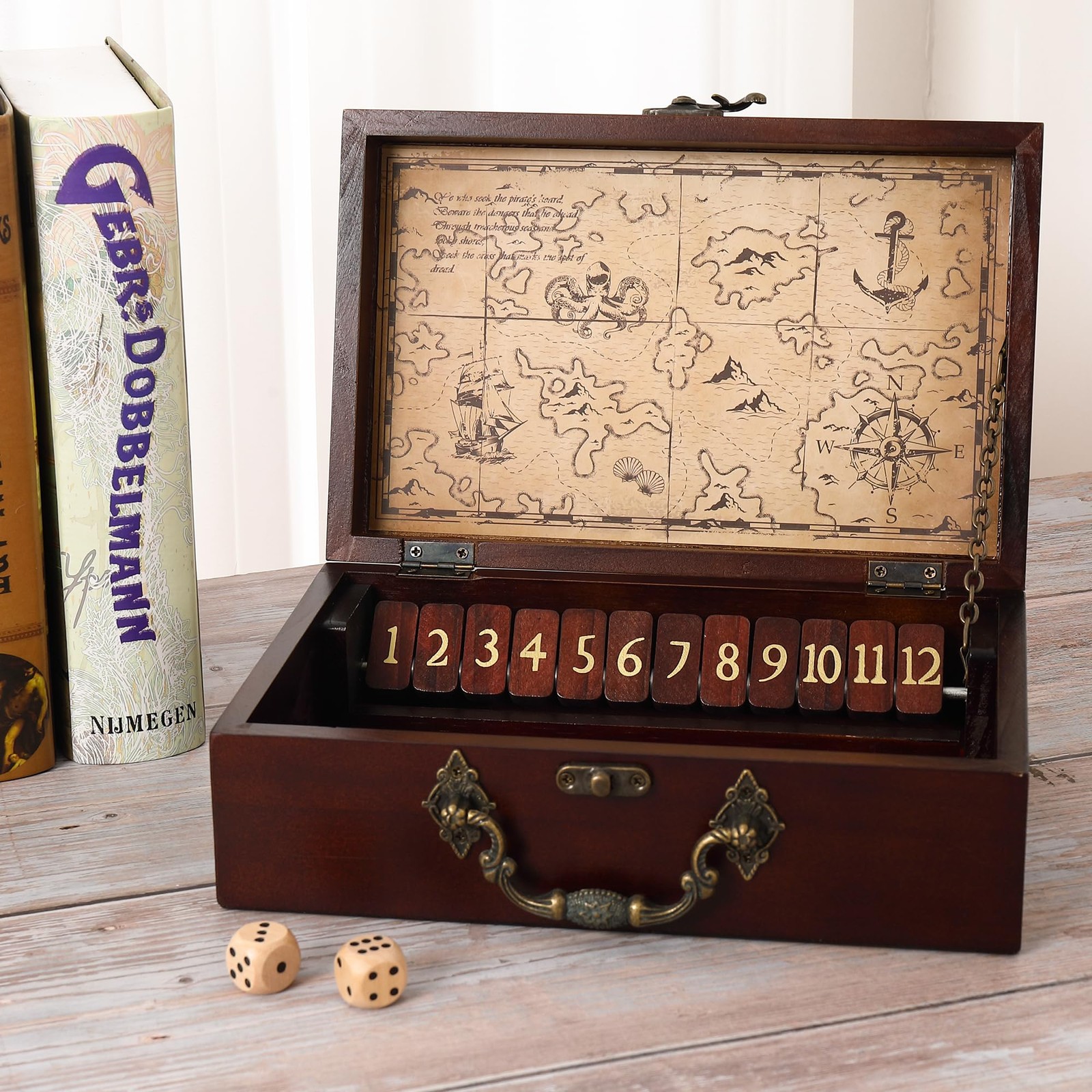 STERLING Games 12 Number Shut The Box Wooden Box Travel Case Nautical Theme F…