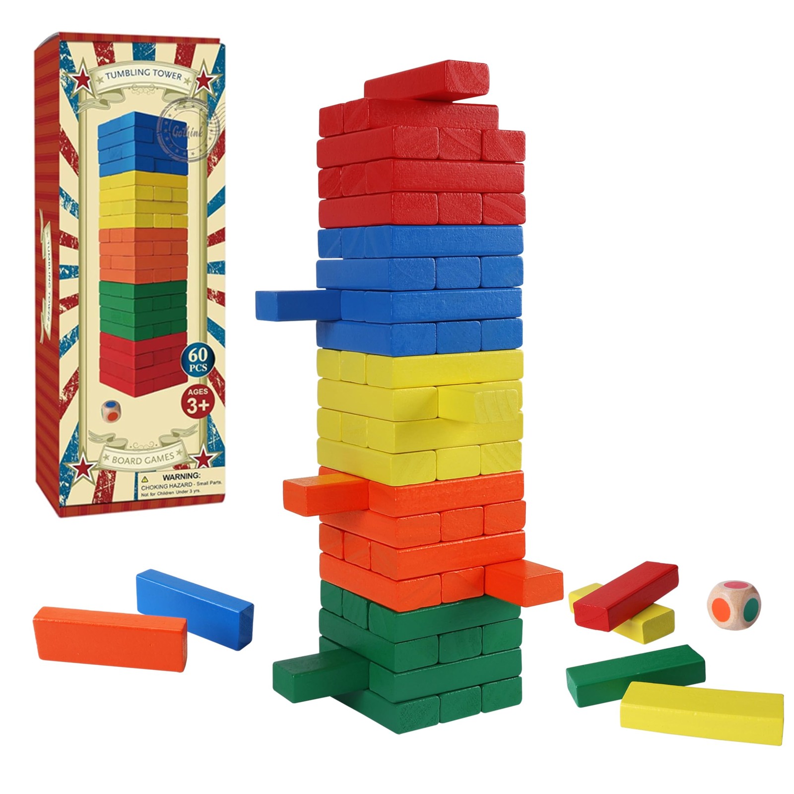 Wooden Blocks Stacking Game with Storage Box, 60PCS Toppling Colorful Tower B…