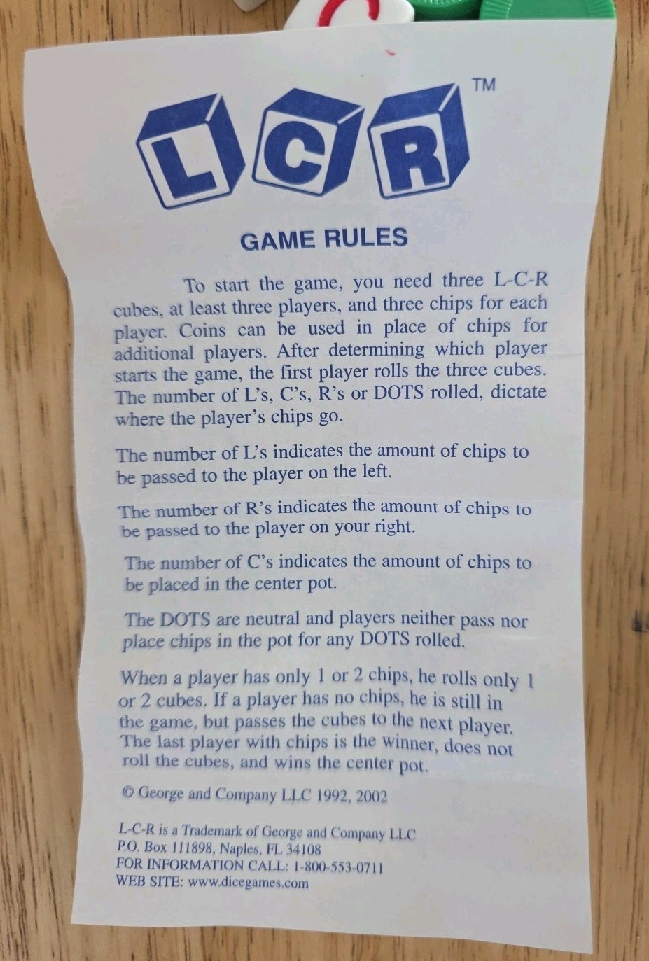 Original George & Co LCR Left Right Center Dice Game w/Grn Chips & Instructions