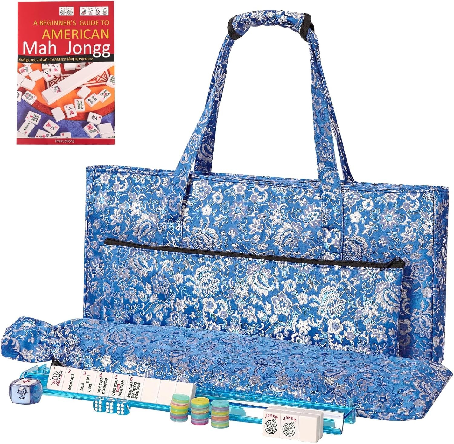 American Mahjong Game Set, 166 White Tiles, Dark Blue Bag with Entire Accessorie