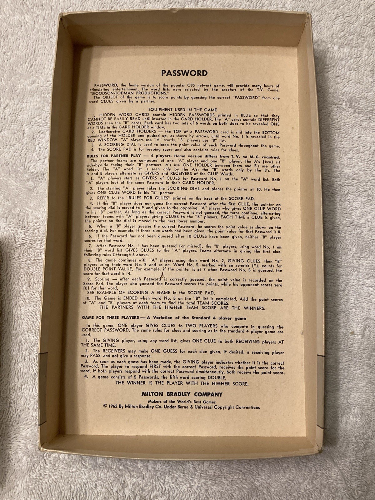 Vintage 1962 Password Game, No. 4260, Complete Set, Milton Bradley Co., USA.