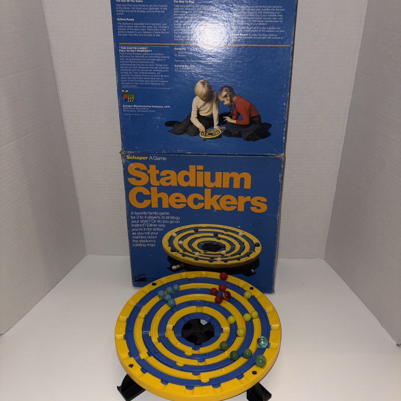 Vintage Schaper 1976 STADIUM CHECKERS. Missing 2 Red And 2 Green Marbles