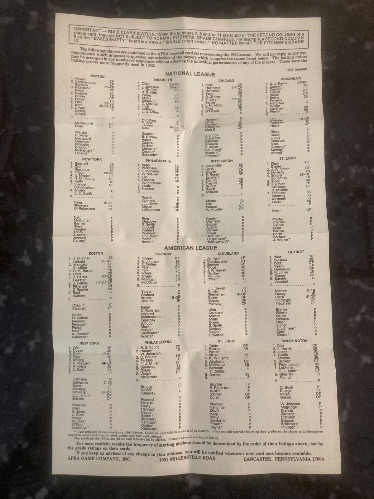 APBA 1922 BASEBALL SEASON COMPLETE SET – 368 CARDS – 1ST PRINTING