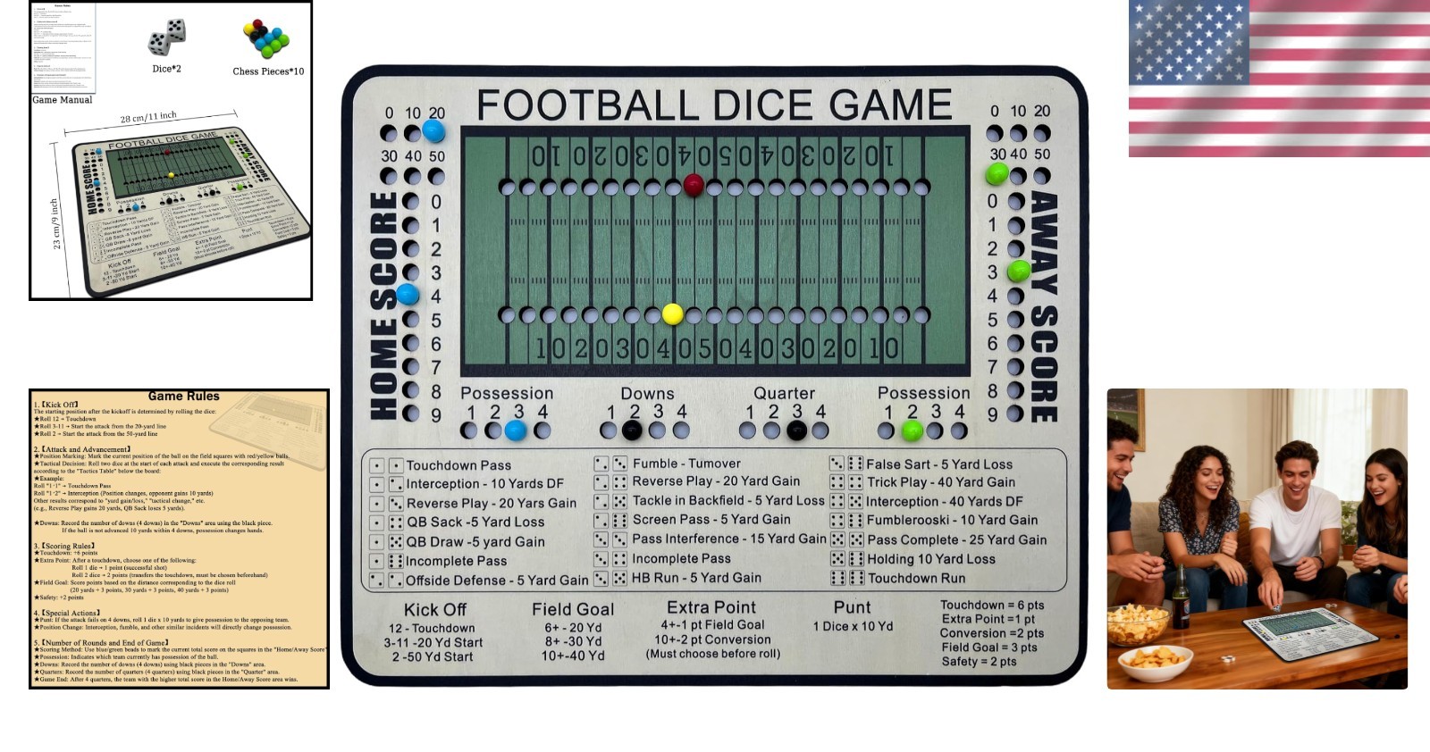 Football Dice Game – Wooden Tabletop Board Game with Scoring Track, 11×9 Inches