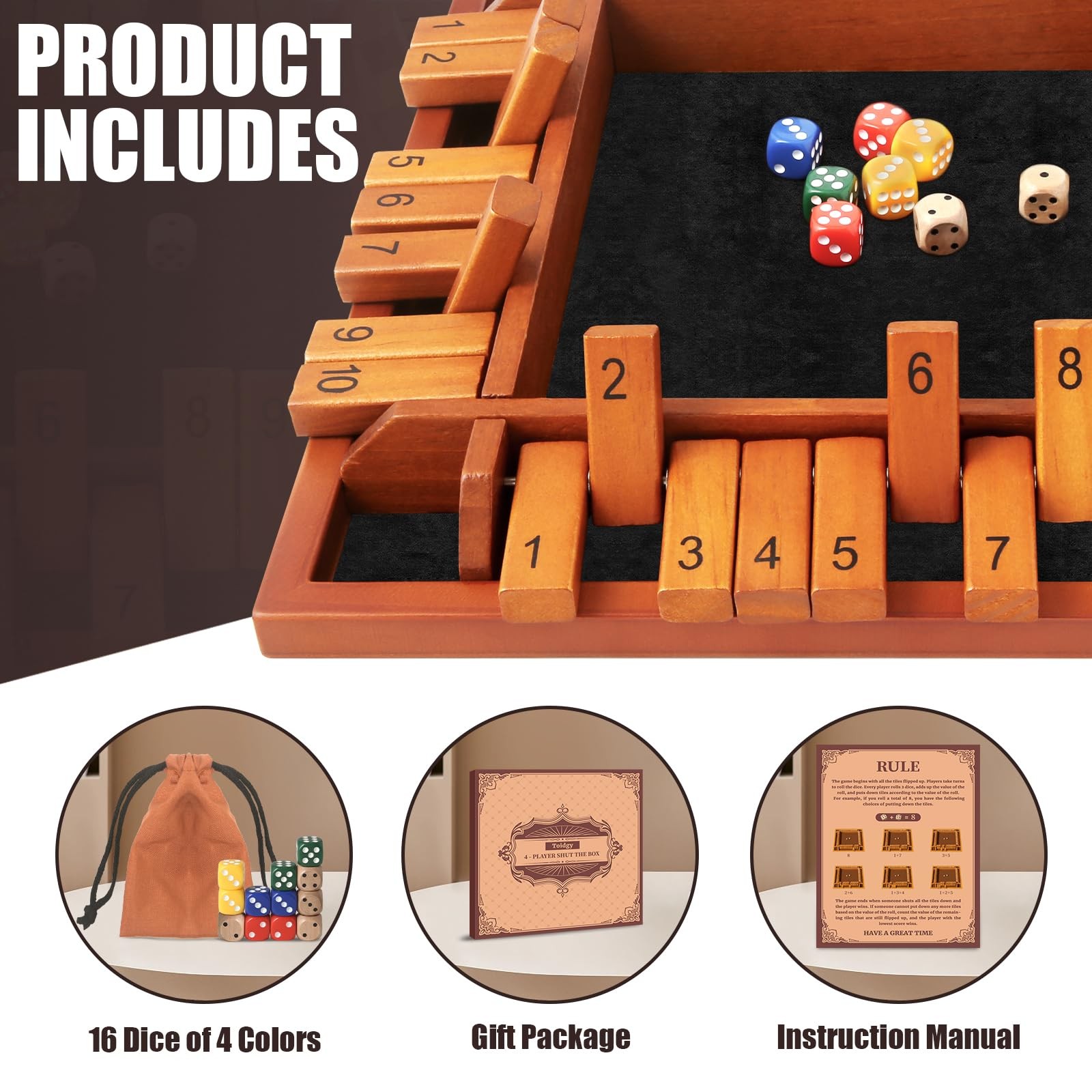 4 Players Shut the Box Dice Games, Wooden Board Table Math Game with 12 Dice …