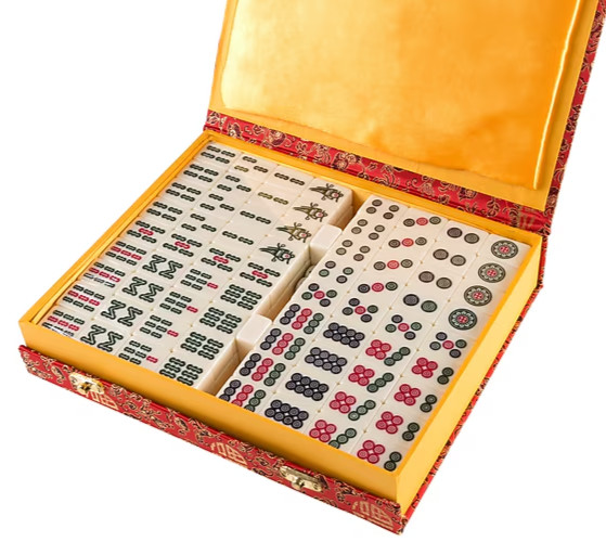Traditional Chinese Mahjong Game Set w/ 144 Engraved +2 Spare Tiles, Dice & Case