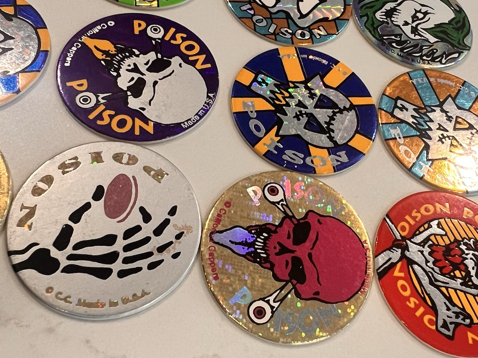 1990s Lot of 30 POISON Skull Bones Pogs Slammer Holographic Milk Caps Lot Mint!