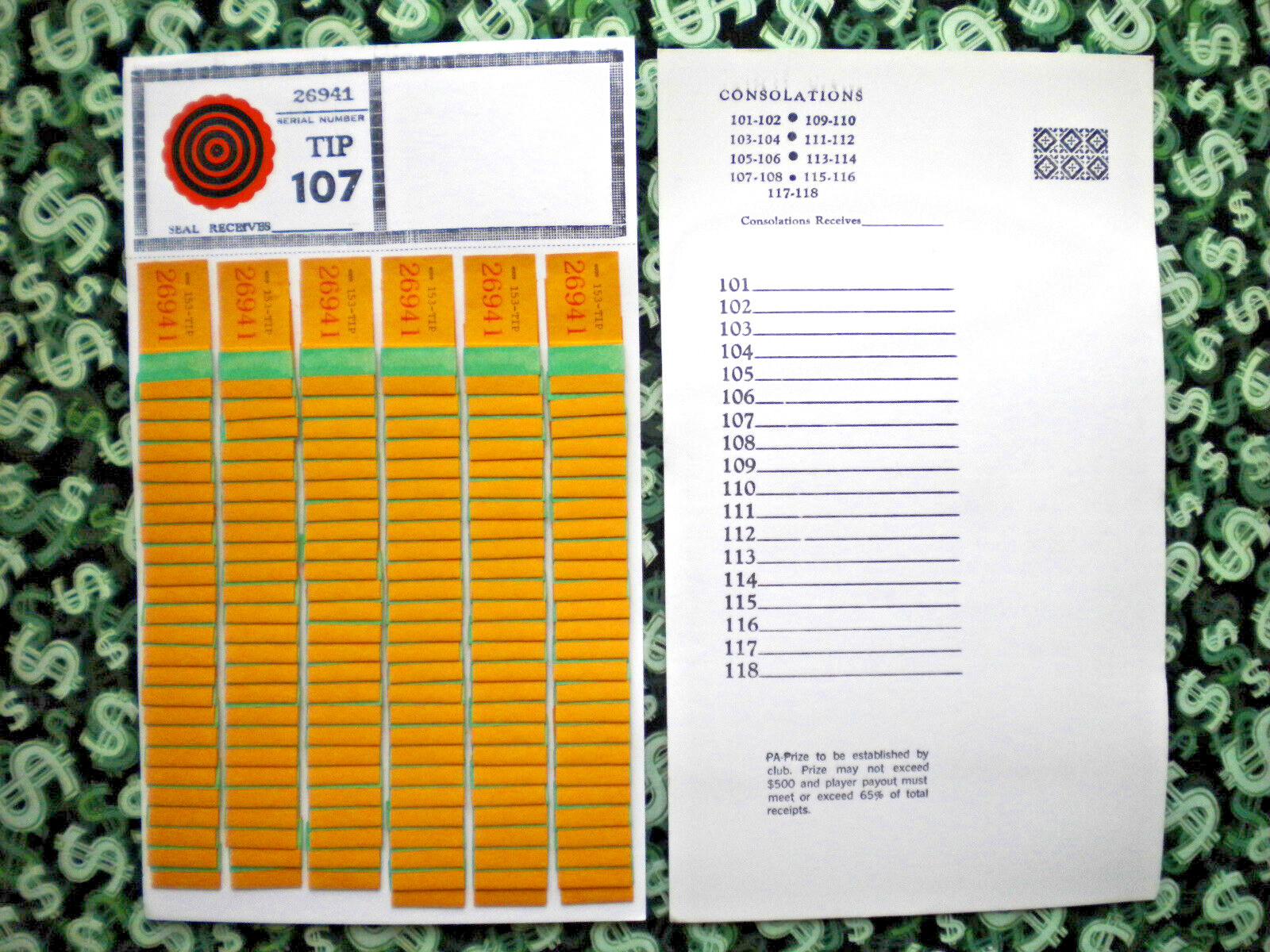 1 Dozen ~ 153-6 Row REGULAR “NOT Sure” TIP BOARDS {101-118} Pull Tab Jar Tickets