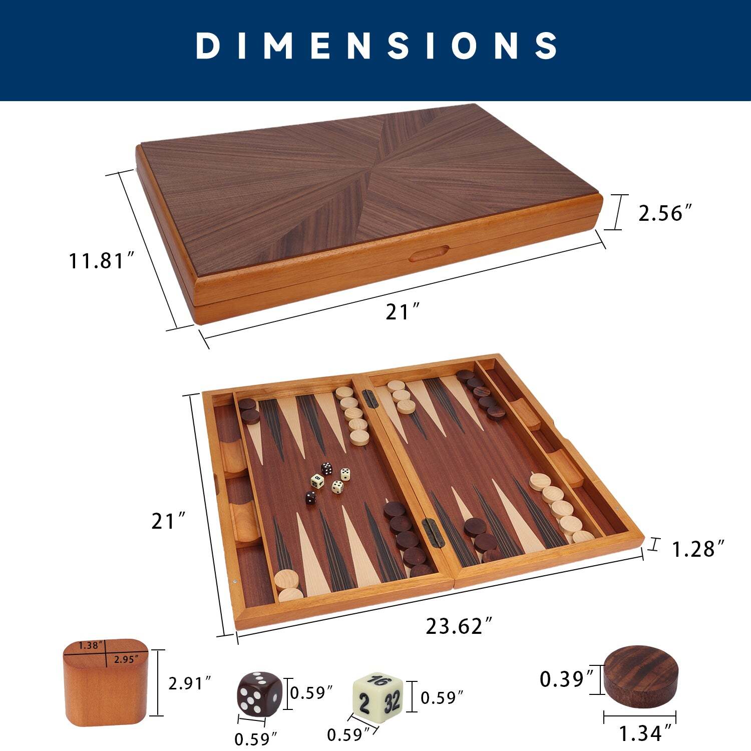 Classic 21″ Large Wood Backgammon Board Game Set. Inlay Focus Board w/Game Piece