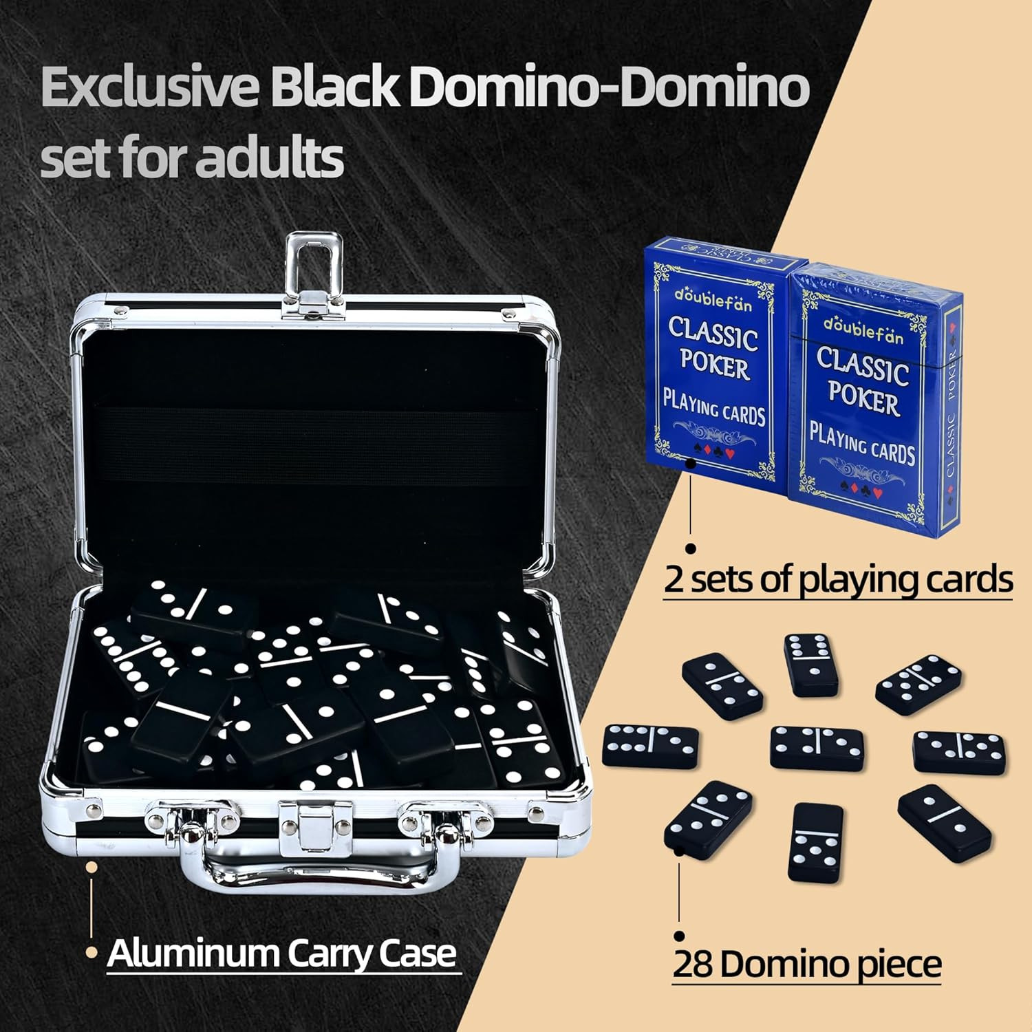 Dominos Set for Adults, Jumbo Size Black Dominoes for Classic Board Games