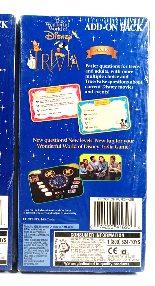 Disney Trivia Game Family Add-On Pack 1998 Trivia Cards Sealed New
