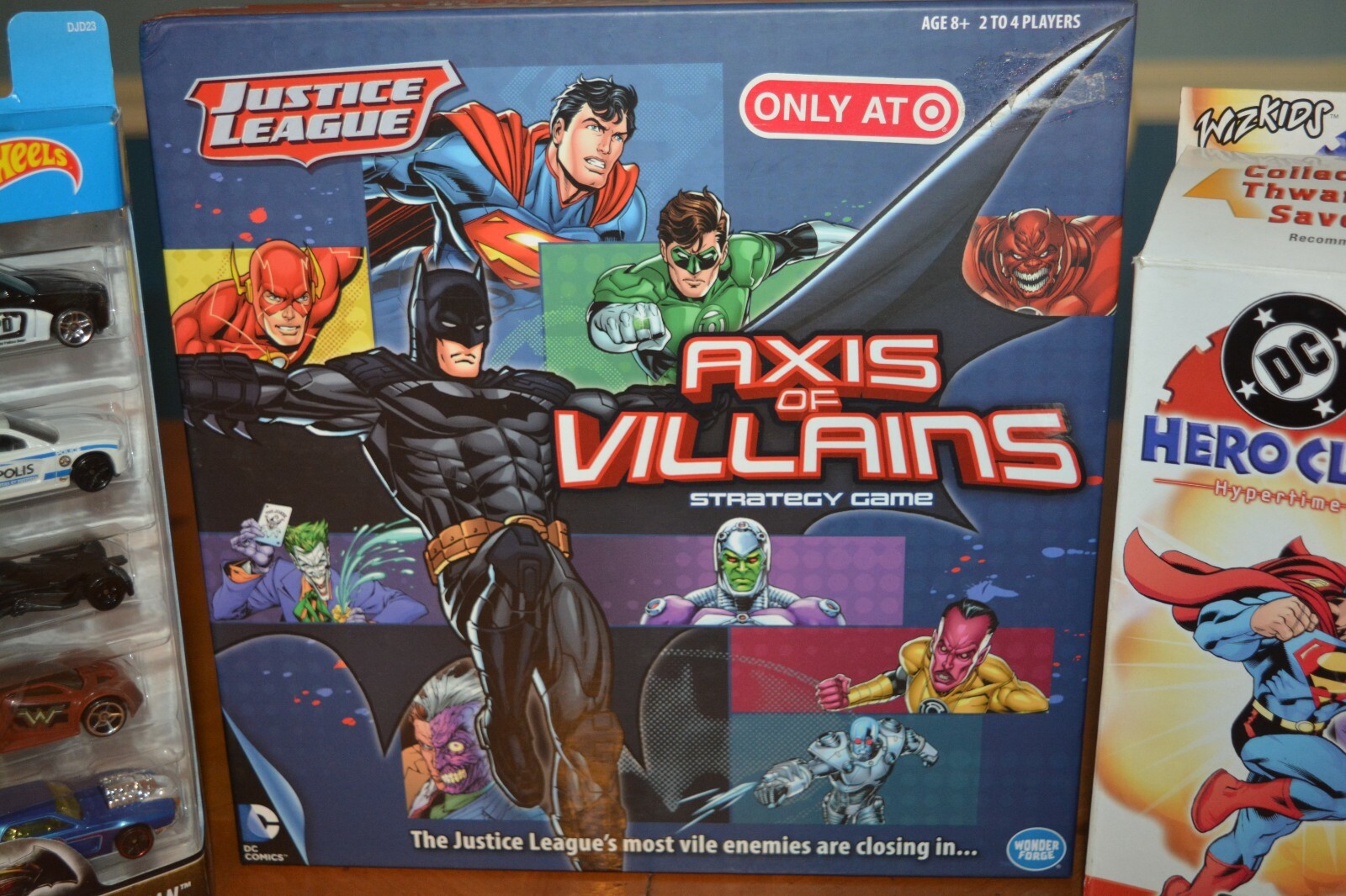 DC JUSTICE LEAGUE GAME AXIS OF VILLAINS, HEROCLIX HYPERTIME STARTER + HOT WHEELS