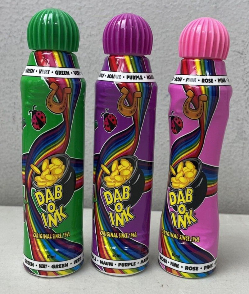 Dab-O-Ink 3 Ounce Bingo Markers Set of 3 Daubers 1 Each Purple, Green & Pink