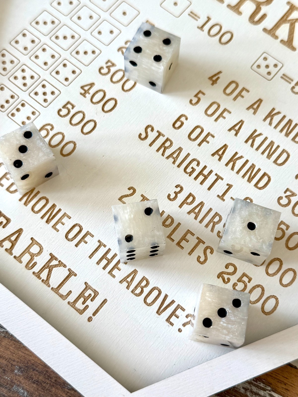 Resin Dice Set 6pcs – Classic Black & Pearl – Handmade Replacement Dice Games