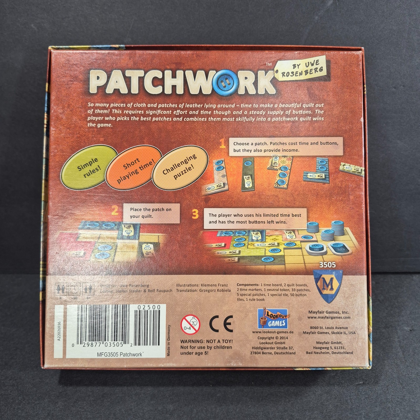 Patchwork Board Game By Uwe Rosenberg 2018 Lookout Games CIB Complete