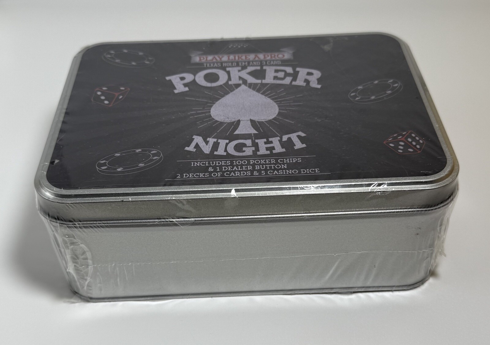 Sealed Poker Night Game Tin – 100 Chips, 2 Decks, Dice, Dealer Button Samsonico