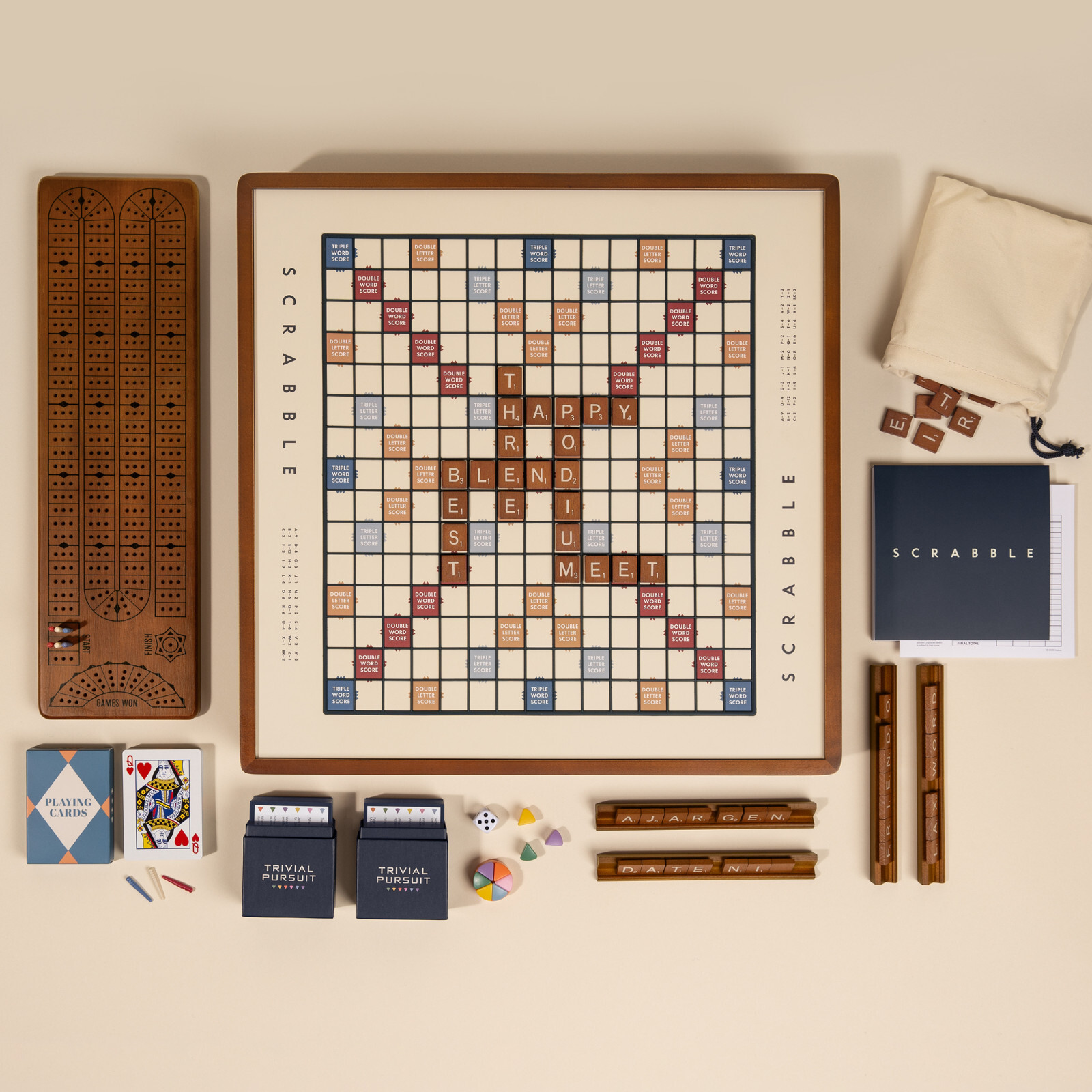 WS Game Co. 3-in-1 Premium Game Collection: Scrabble, Trivial Pursuit, Cribbage