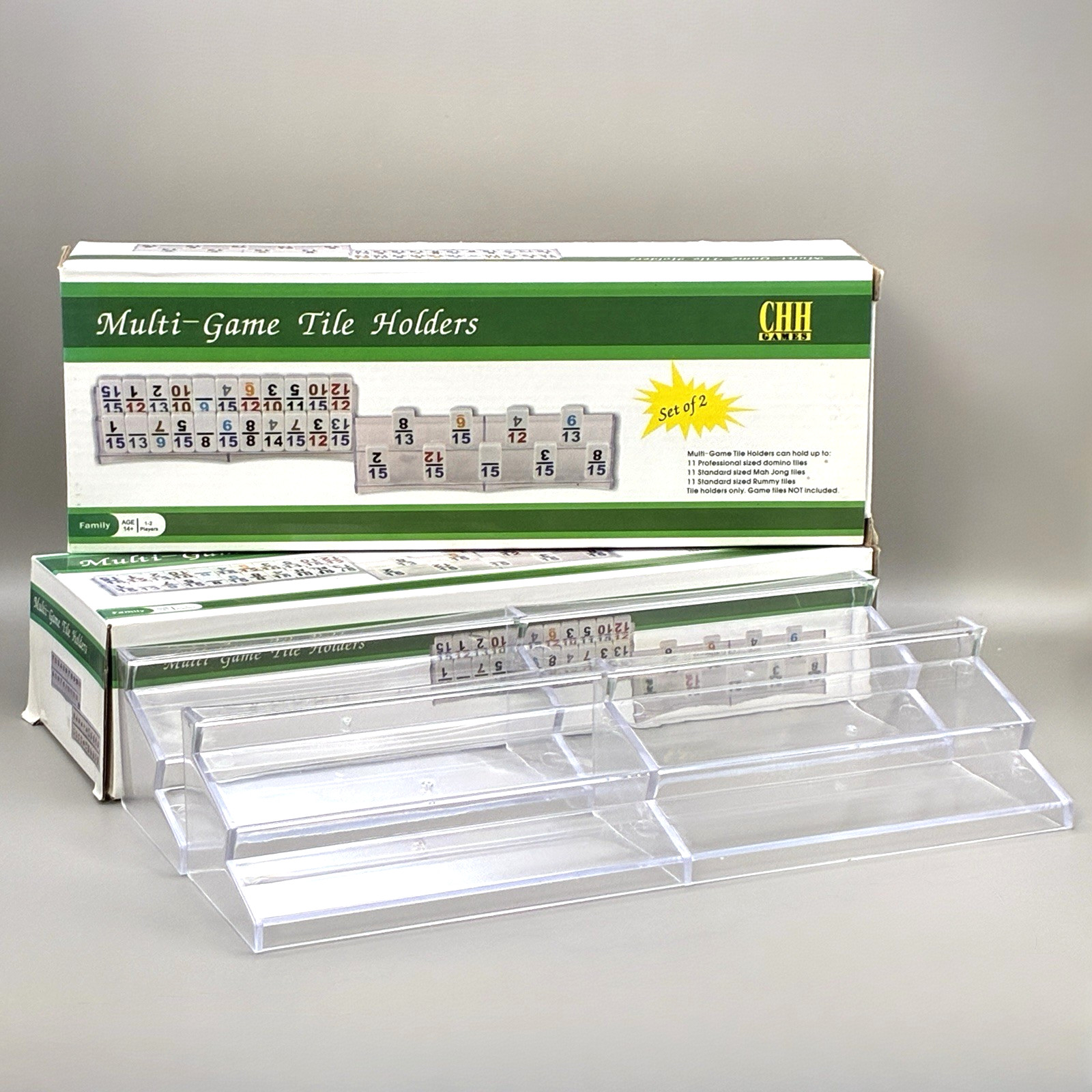 Rummy Mah Jong Tile Holder Set of 4 Clear Acrylic Trays Domino Racks NEW IN BOX