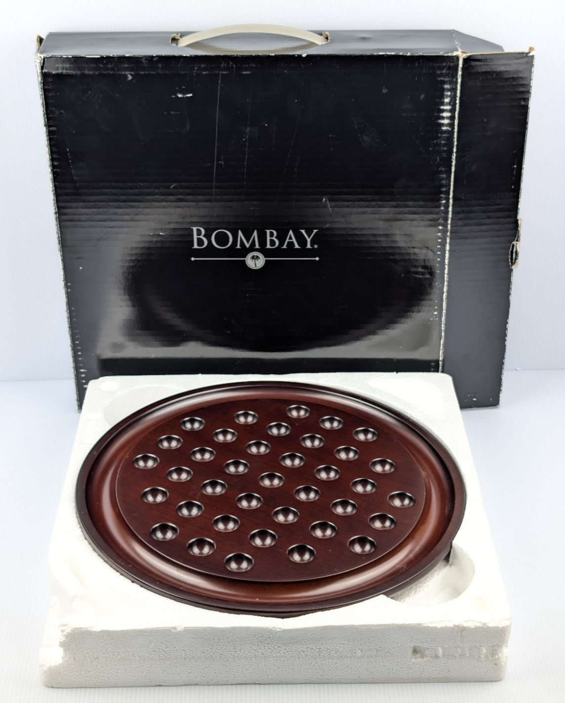 1994 Bombay Company 13.5” Marble Solitaire Wooden Game Board 36 Stone Marbles