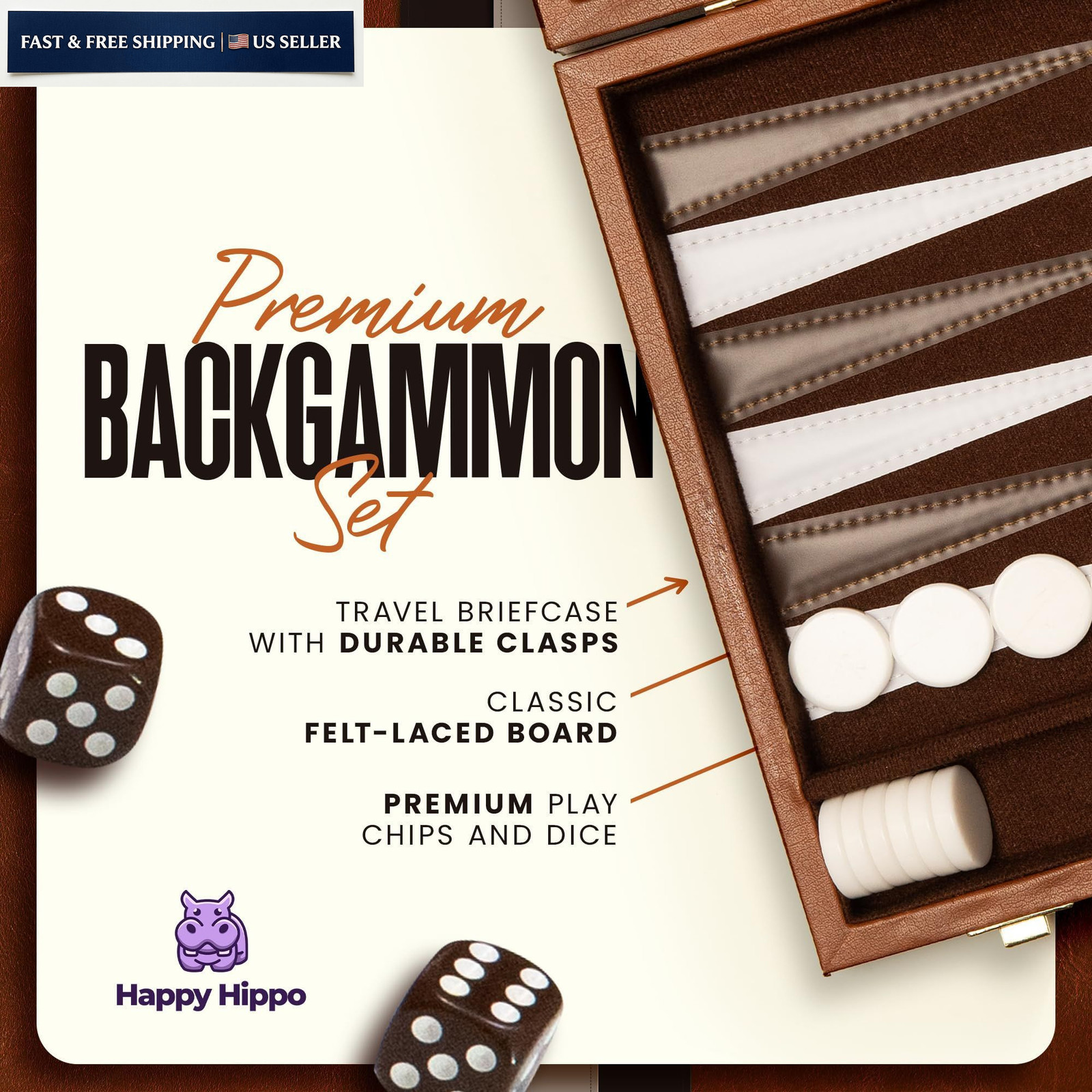 Backgammon Board Game, Deluxe 10 inches x 15 x 0.1 inches, Brown