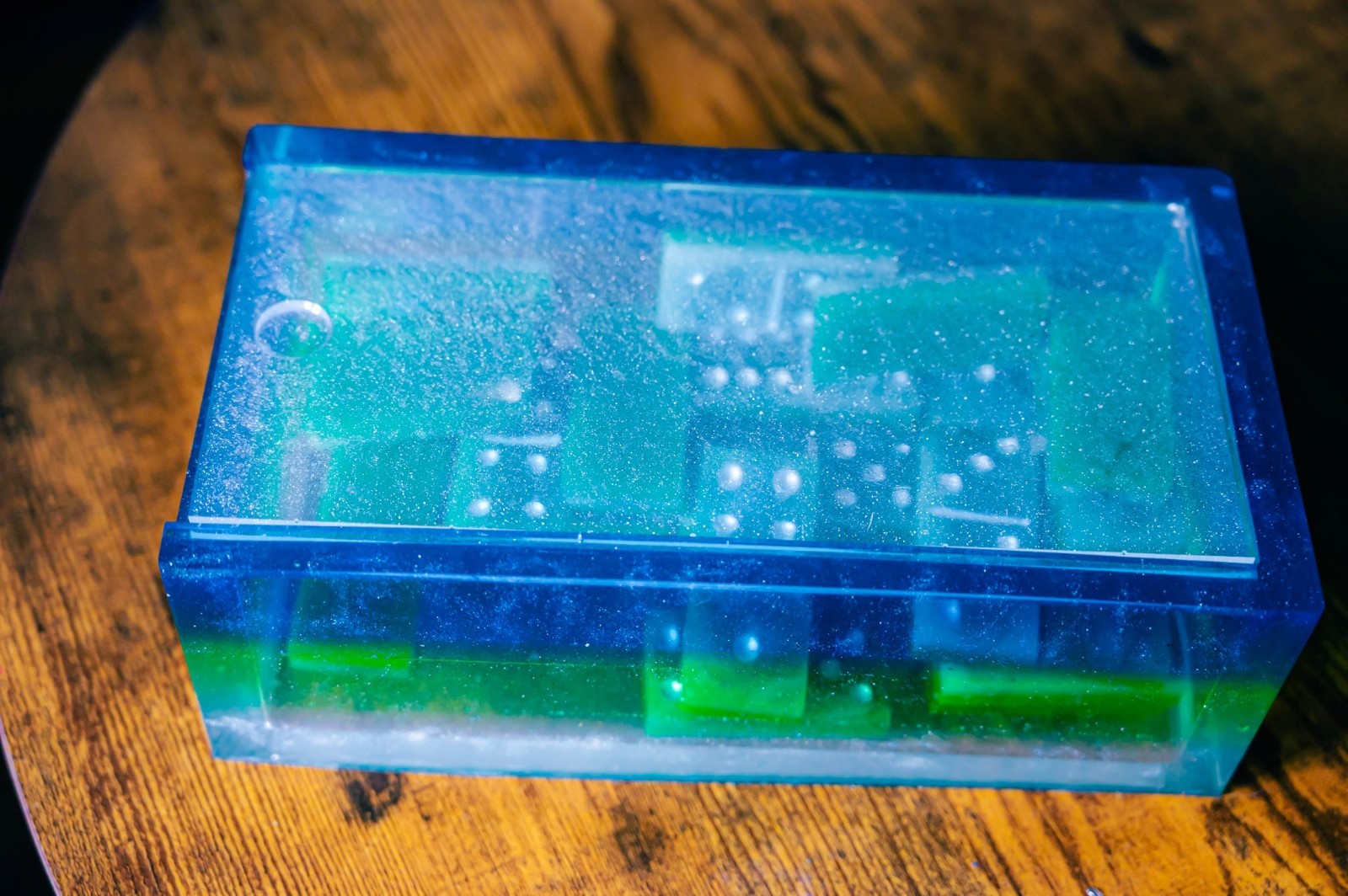 Handmade Resin Domino Set with Matching Storage Box Blue Green Swirl
