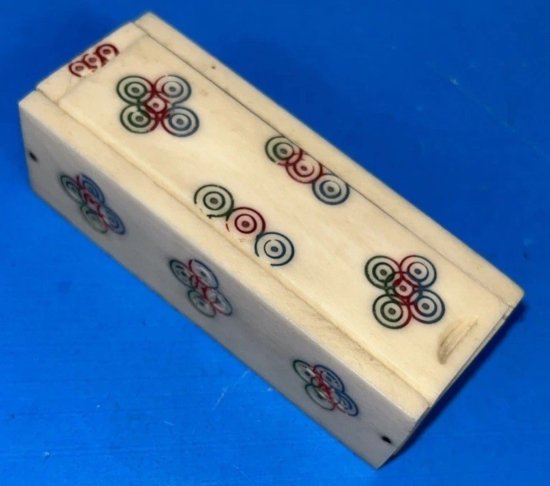 Miniature Bone Domino Set Slide Lid Box Mexican Folk Art 1960s Vintage