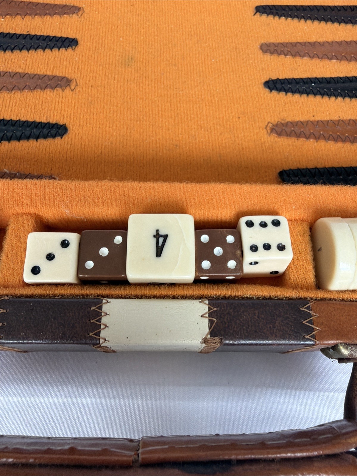 Vintage Backgammon Set Faux Leather Carrying Case Brown Striped Travel Board