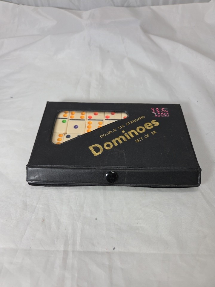 VINTAGE Dbl Six Jumbo Domino Set In Case 28 Pieces ,Ivory & Bright Colors.