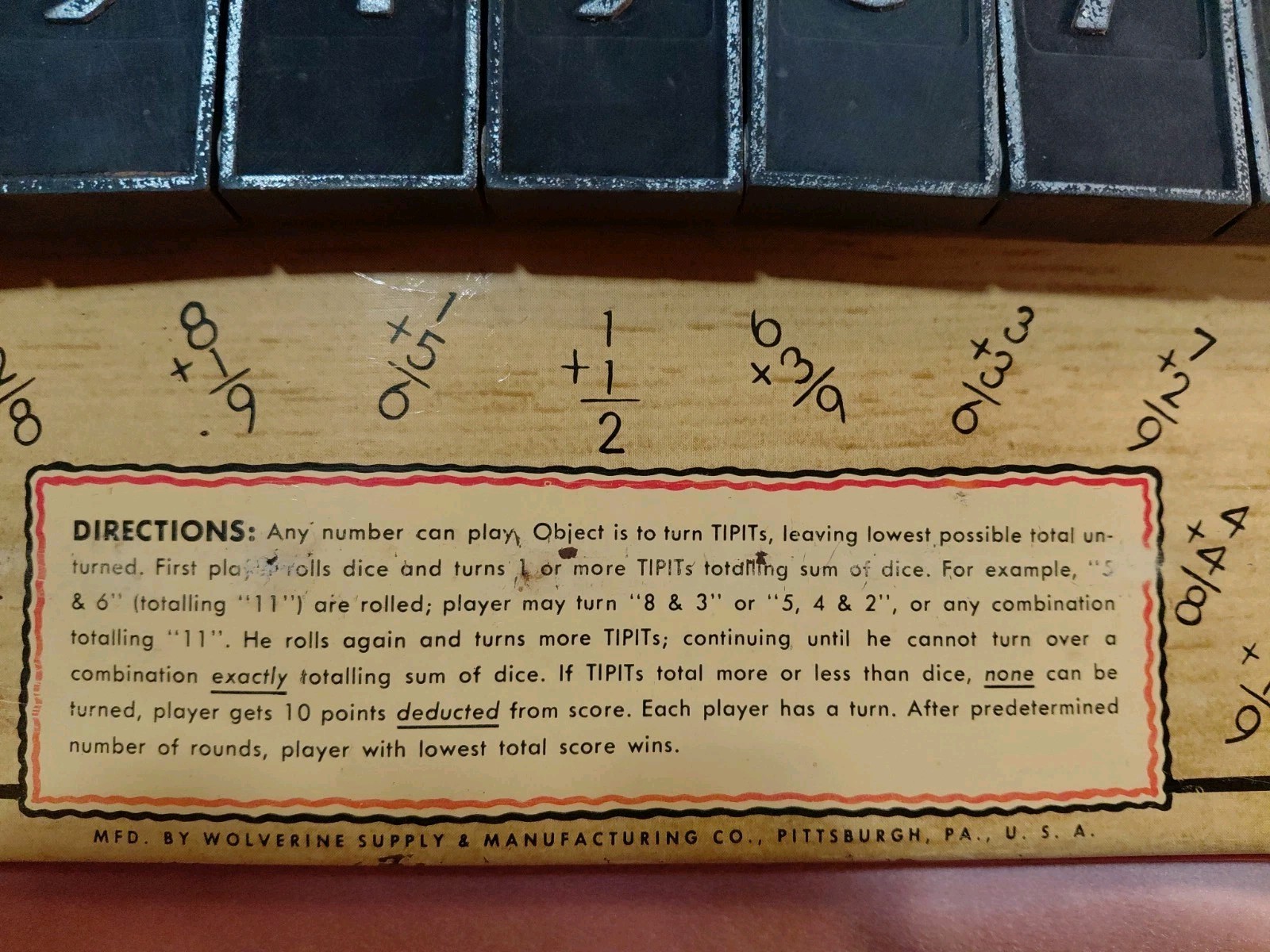 Antique Tip It Tin Dice Game Wolverine Supply & Manufacturing Pittsburgh PA