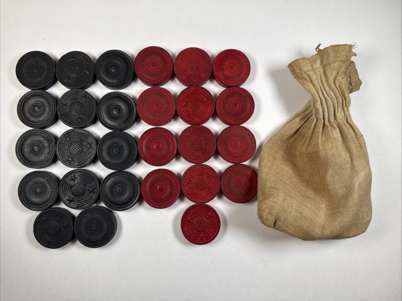 Vintage Wooden Embossed Checkers ~ 14 Black 13 Red ~ Replacement, Decor, Crafts