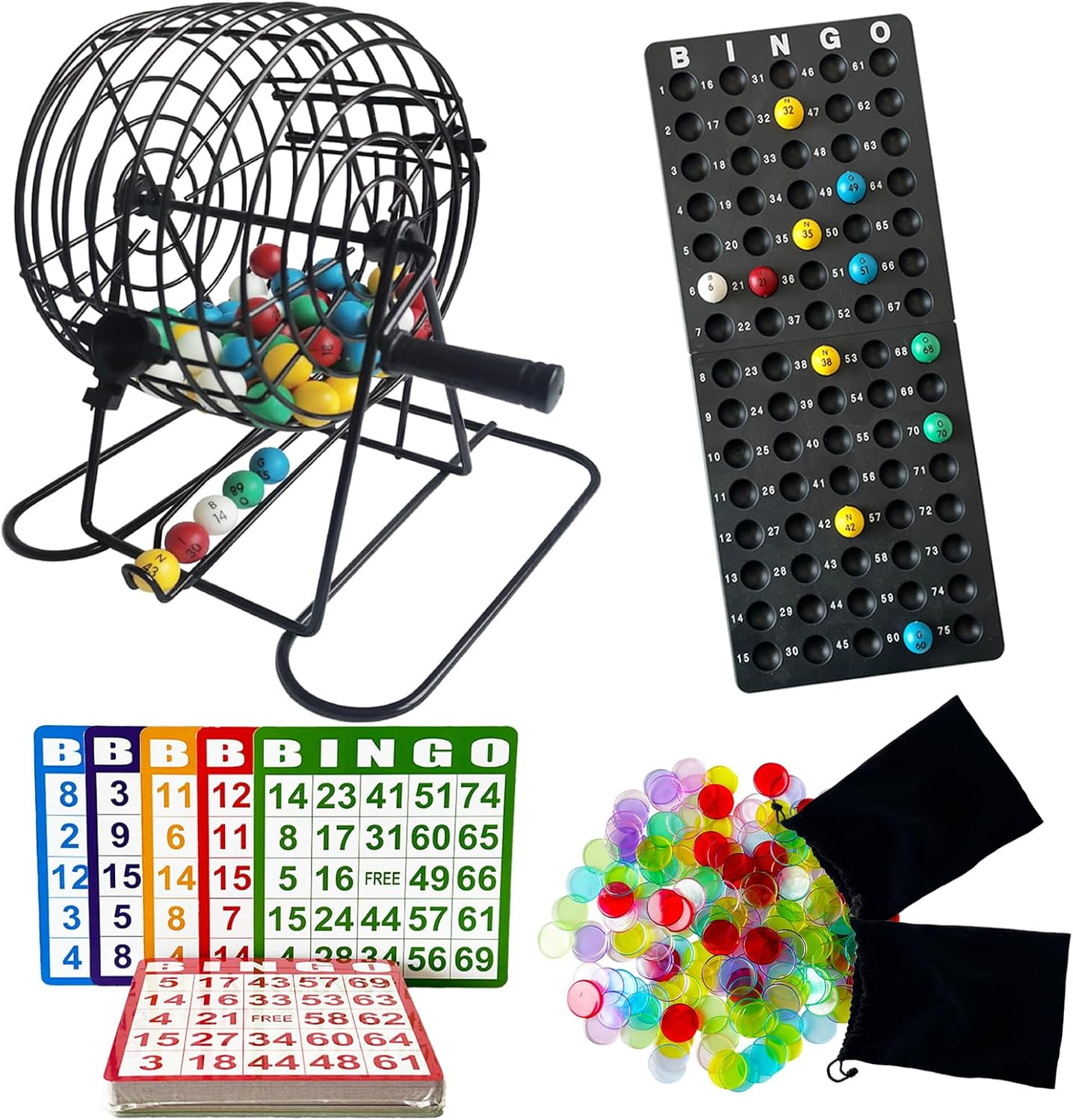Deluxe Bingo Game Set – 8 Inch Metal Cage, 50 Paper Cards, 600 Colorful Clear