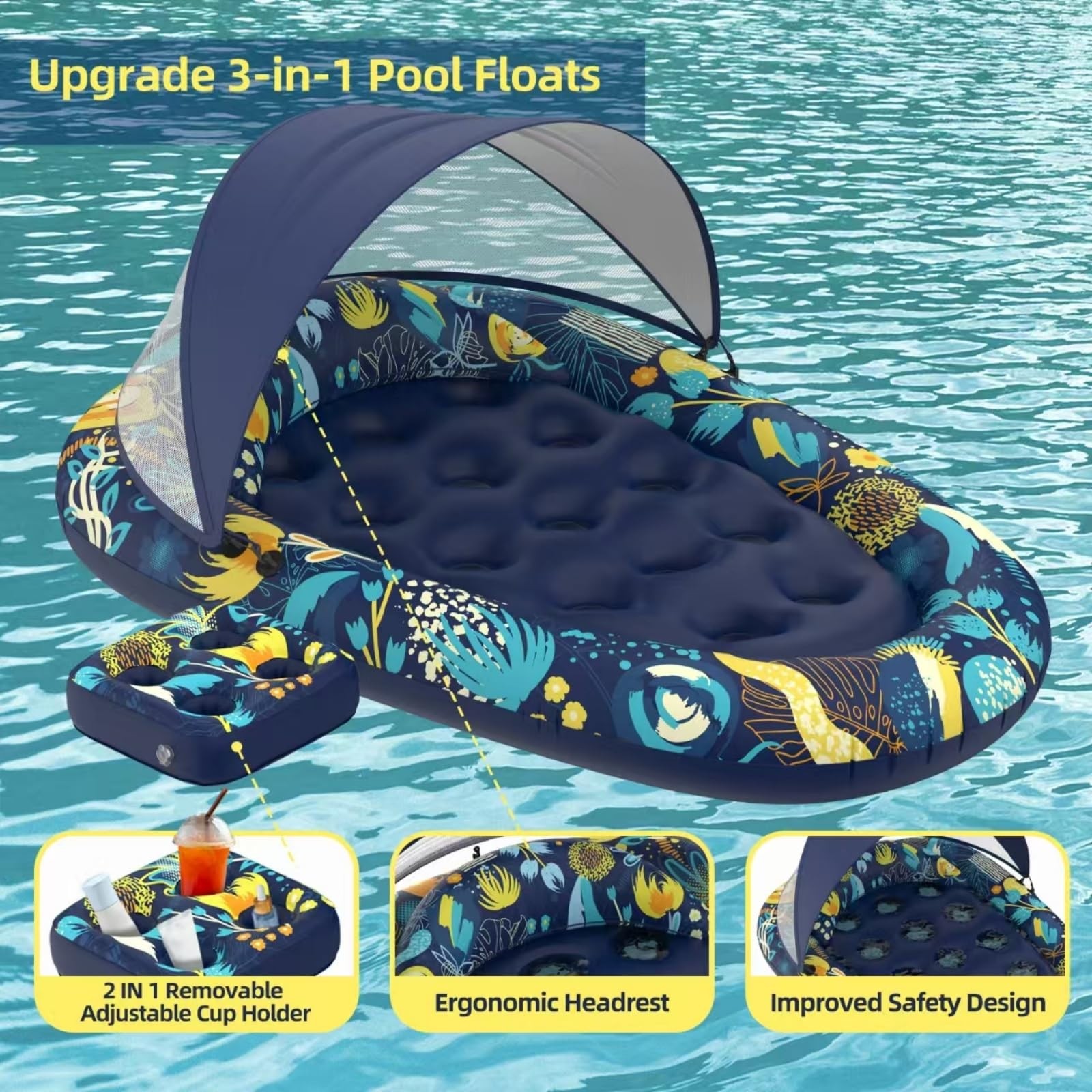 Pool Float 73 x 48 Canopy Cup Holder Heavy Duty Inflatable Lounger Sunikko Large