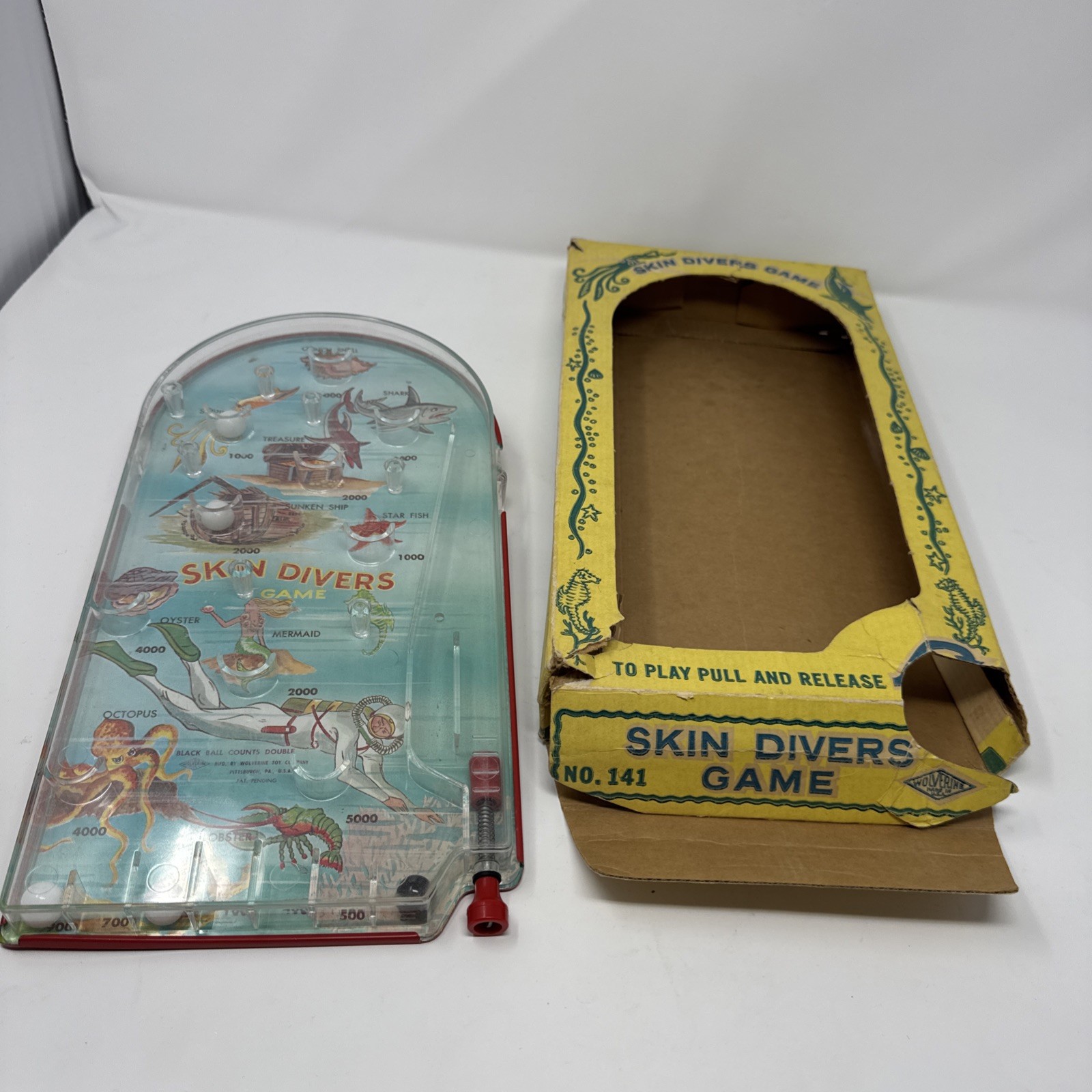 Table Pin-Ball Game Tin Wolverine-Skin Divers w/Mermaid/CreaturesWITH BOX RARE⭐️