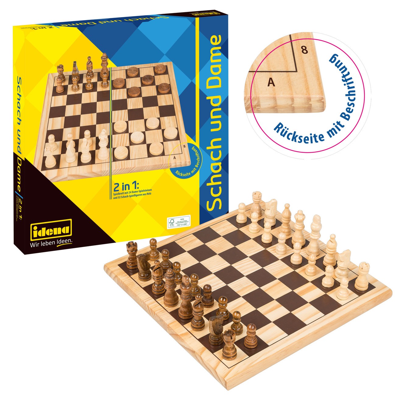 Chess & Checkers Game, 2 in 1 Wooden, FSC® 100%,